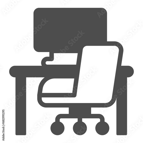 Desk with computer monitor and chair solid icon, home workspace concept, workplace vector sign on white background, glyph style icon for mobile concept and web design. Vector graphics.