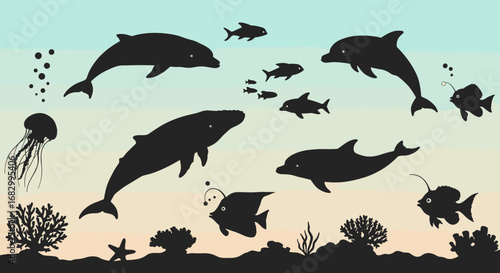 Silhouette ocean life scene with dolphins and marine creatures in sunset gradient