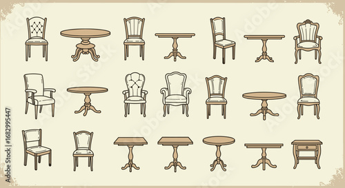 Vintage furniture collection with elegant chairs and tables