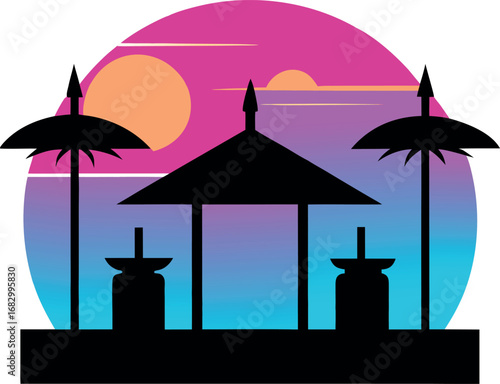 Tiki Bar at Sunset Vector Art Silhouettes of Tik
