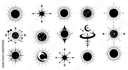 Celestial sunburst designs with astro-inspired elements in minimalist style