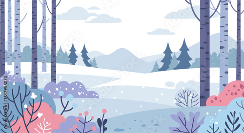 Winter landscape with trees and colorful plants in soft pastel hues with copy space