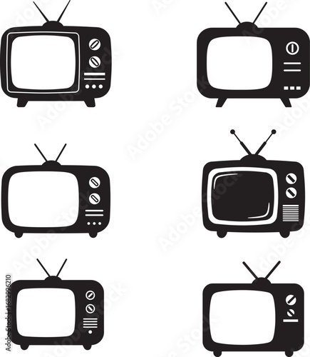 Collection of vintage television sets with antennas and knobs in a simple sketch style