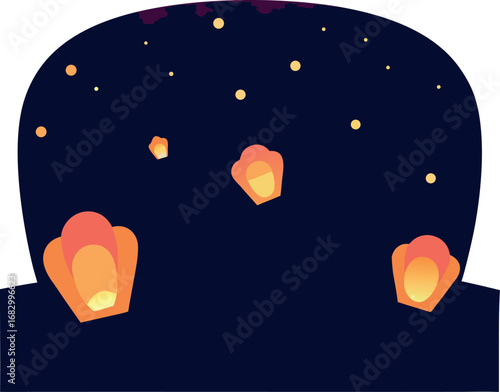 Vector Landscape with Paper Lanterns Being Release