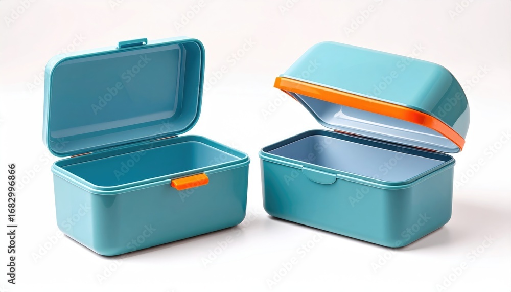 Two turquoise rectangular containers, one closed slightly ajar with an orange detail and one wide open, against a clean white backdrop Two turquoise rectangular containers, one closed slightly ajar with an orange detail and one wide open, against a clean white backdrop