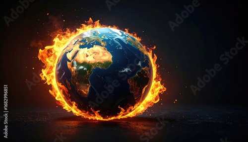 The Earth engulfed in vibrant flames and sparks, set against a dark backdrop, suggesting environmental crisis and global warming