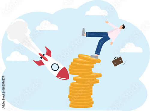 Investment risk from stock market crash, pull money or liquidity back, market volatility, unstable and uncertainty concept, giant hand pull back money from coin stack causing investor to fall down.