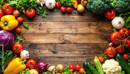 Assortment of fresh produce tomatoes, peppers, lettuce, broccoli, garlic, and onions arranged on a wooden table with copy space in the center