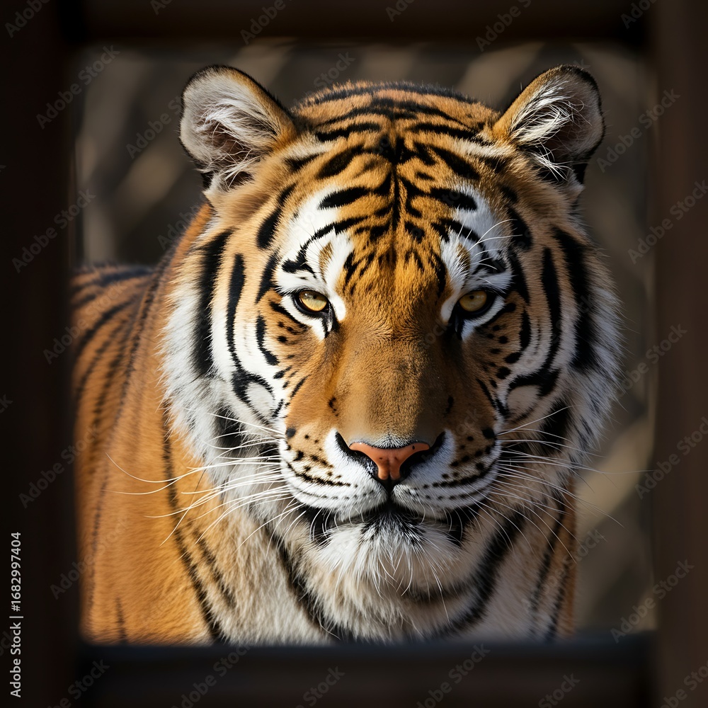 Fototapeta premium Powerful Closeup Portrait of a Siberian Tiger with Eye Contact