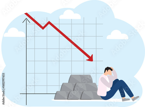 Silver investment, in got or bullion price rising down , price gain or trading silver to make profit, financial or value increase concept, businessman investor with silver bullion rising down graph.