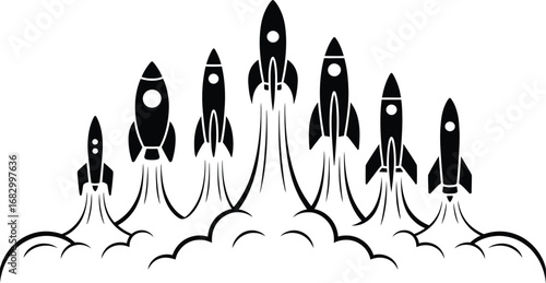 Multiple rockets launching into space with smoke trails