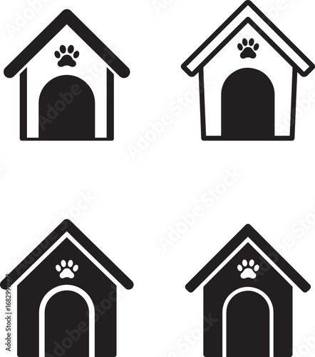 Four stylized icons of dog houses featuring paw prints on a white background