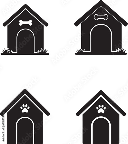 Four stylized black silhouettes of dog houses with different embellishments on white background