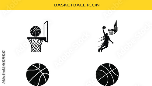 Basketball icons with a player dunking and hoop sport 