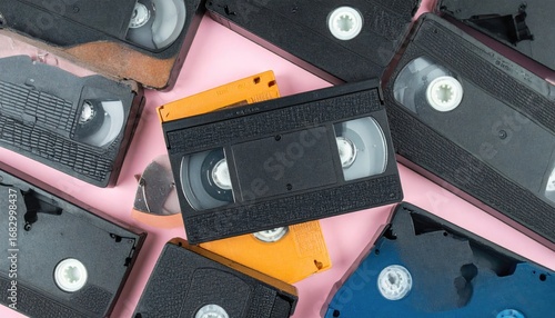 Collection of well-worn VHS and Mini DV tapes on a pink background, revealing their history and hinting at nostalgia