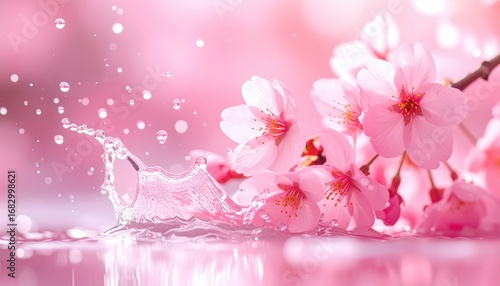 Delicate pink cherry blossoms adorn a twig, with a splash of water adding a refreshing touch to a pink-toned background, creating a dreamy scene