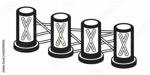 Isometric view of four cylindrical structures with x symbols connected by lines in black and white