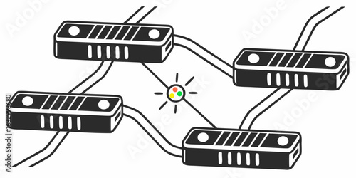 Illustration of four black rectangular devices connected to a central multi colored light source point