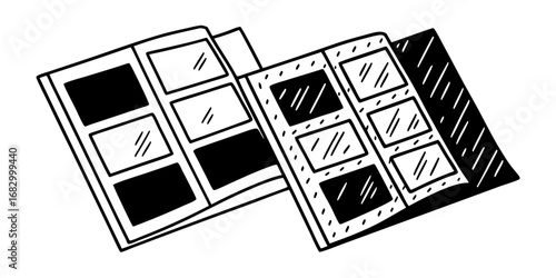 Illustration of two open photo albums with alternating black and white squares in a hand drawn style