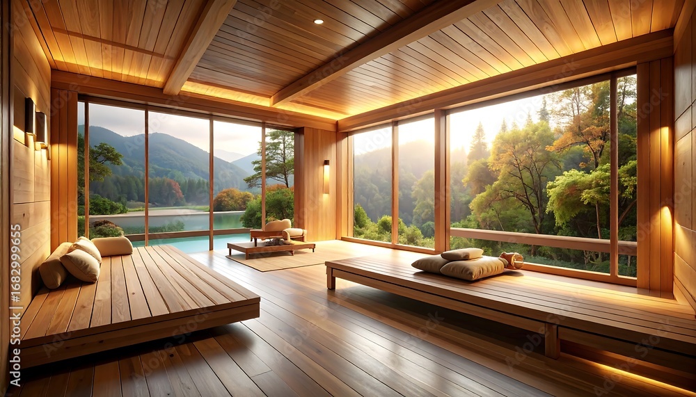 Fototapeta premium Tranquil wooden interior with mountain view
