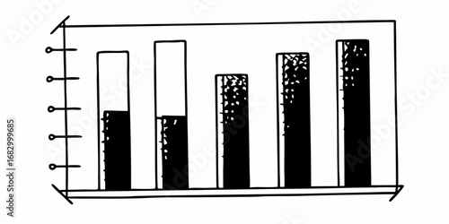Hand drawn bar graph with vertical axis showing different levels in a black and white illustration