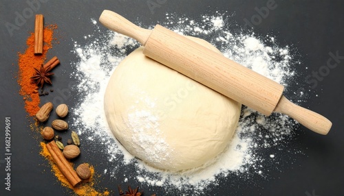 Dough with a rolling pin and spices, sprinkled with flour on a dark surface, creating a culinary and appetizing scene