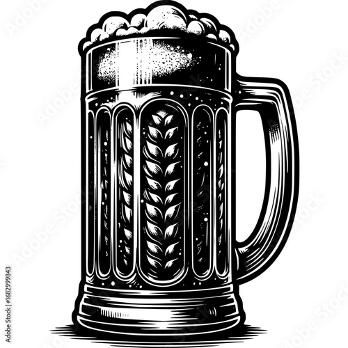 Mug of Craft Beer: A detailed ink illustration of a classic beer mug, brimming with frothy goodness, showcasing the rich texture and intricate design