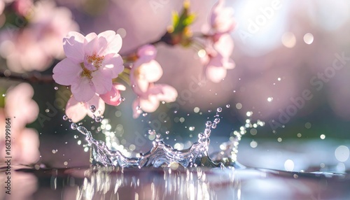 Cherry blossoms branch above a water splash creates ripples against a bokeh background of pink and white blooms
