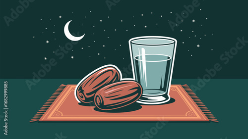 A still life of dates and a glass of water on a prayer rug under a starry night with a crescent moon
