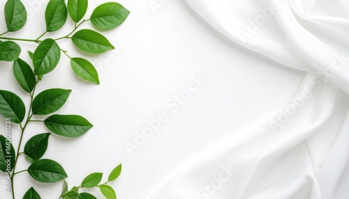Lush green leafy branches contrast with soft white fabric draped on a white background. A natural, fresh aesthetic