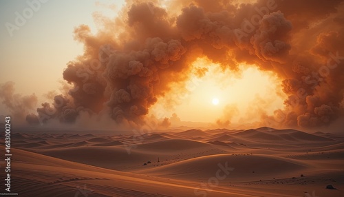Wallpaper Mural Dramatic desert landscape at sunset, illuminated by a blazing sun peeking through a dramatic cloud of orange-hued smoke. Torontodigital.ca