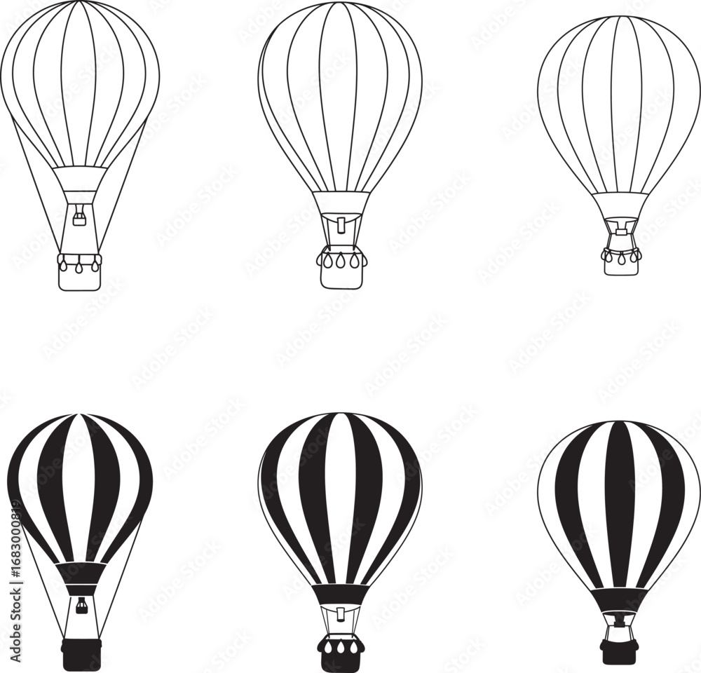 Naklejka premium Vintage hot air balloon illustrations in black and white showing different designs