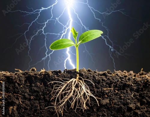 A young green seedling sprouts from soil, its roots visible. A lightning bolt dramatically strikes in the background, creating a powerful, contrasting image
