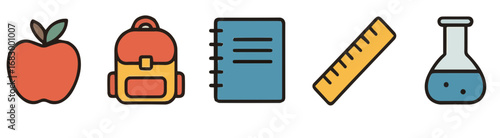 Colorful flat icons of school and education items.