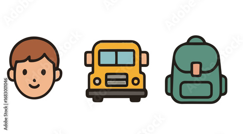 Simple, colorful icons: student, bus, and backpack.