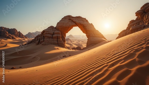 A majestic sandstone archway stands sentinel over a golden desert landscape, bathed in the warm light of a desert sunrise.