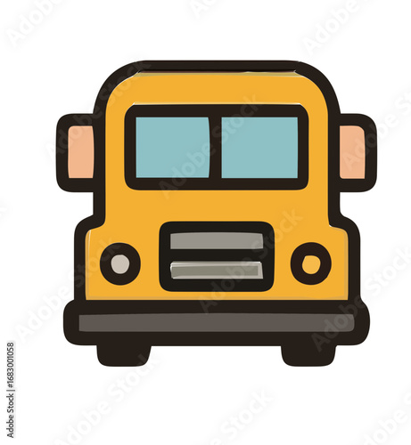 Cute cartoon yellow school bus illustration, front.
