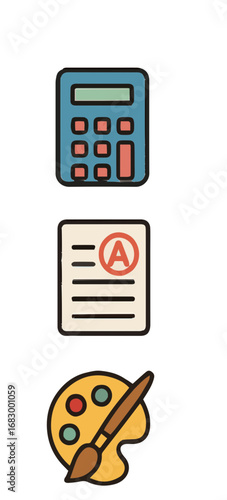 Cute cartoon icons for education, math, art, achievement.