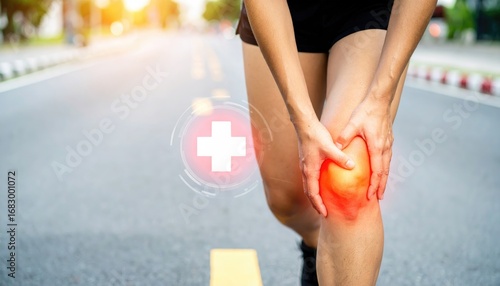 A woman in athletic clothing on a street, clutches a red, glowing knee. A white plus sign hovers near her knee