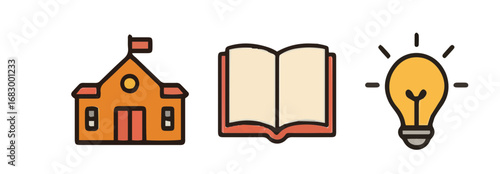 Concept icons: school, open book, and lightbulb.