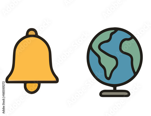 Flat design icons of notification bell and world globe.
