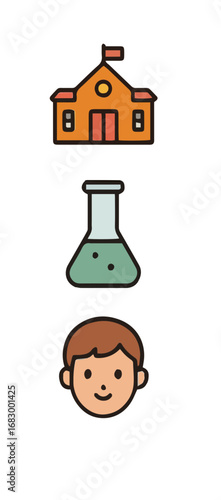 Flat design icons: school, science flask, boy face.