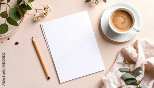 A blank white sheet of paper on a pale pink surface with coffee, greenery, pencil, and soft cloth, creating a calm, inviting workspace