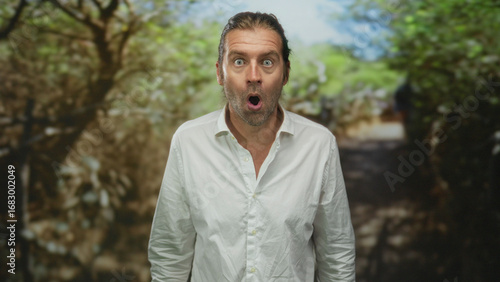 Blond man with long hair and beard standing with mouth open under dappled sunlight in forest; surprise.