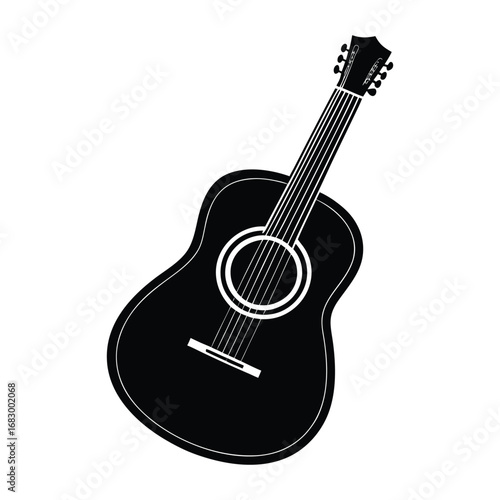 Acoustic Guitar Silhouette Black and White Music Instrument Image on White Background
