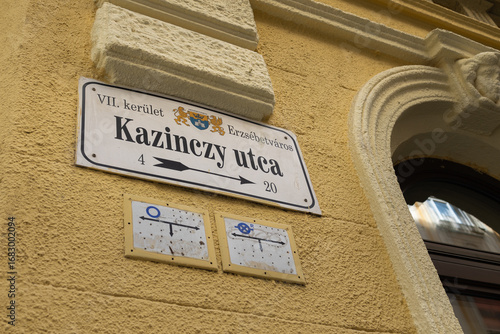 Photography Yellow Historic Facade and Kazinczy Street Sign in the Heart of Budapest, Hungar