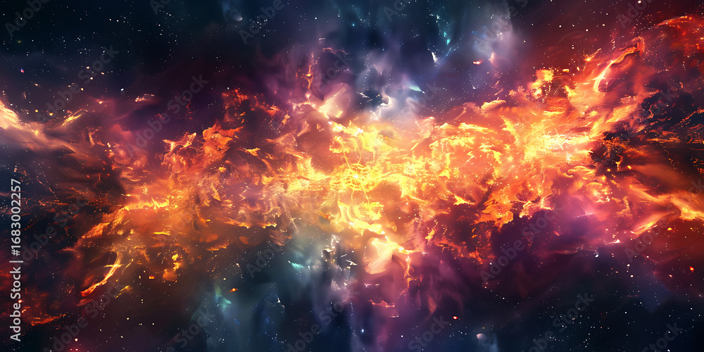 Obraz premium Fiery orange nebula across dark starry cosmos with swirling purple blue accents dramatic ethereal expansive scene