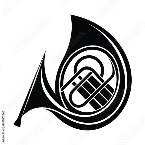 French Horn Vector Illustration Black and White Musical Instrument Graphic on White Background