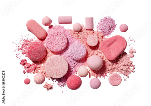 Assorted pastel pink shapes and pills scattered on a blush-colored powder