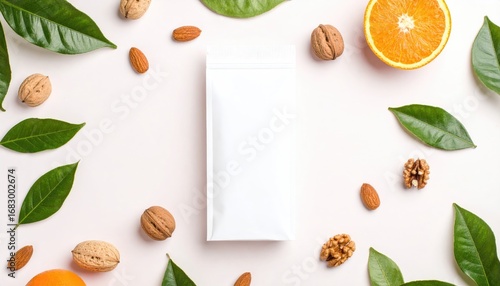 A top-down view features a white package surrounded by green leaves, almonds, walnuts, and orange slices on a light surface. Flat lay composition